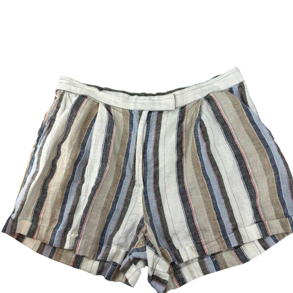 M&S Collection Linen Blend Striped Shorts Womens 12 High Rise Multi Preppy